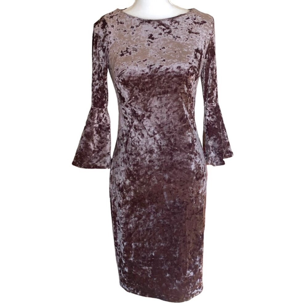 NWT Calvin Klein Faux Velvet Sheath Dress Size 4 Taupe 3/4 Bell Sleeve Back Zip